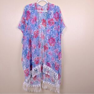 Coverup Floral Blue Red Kimono